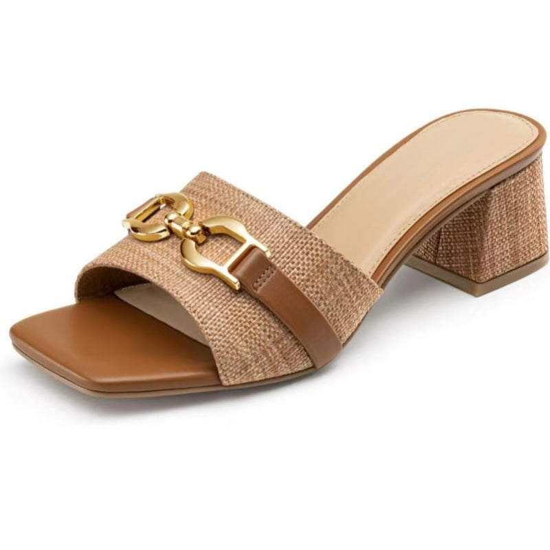 Square-toe Mid-heel Metal Buckle Sandals