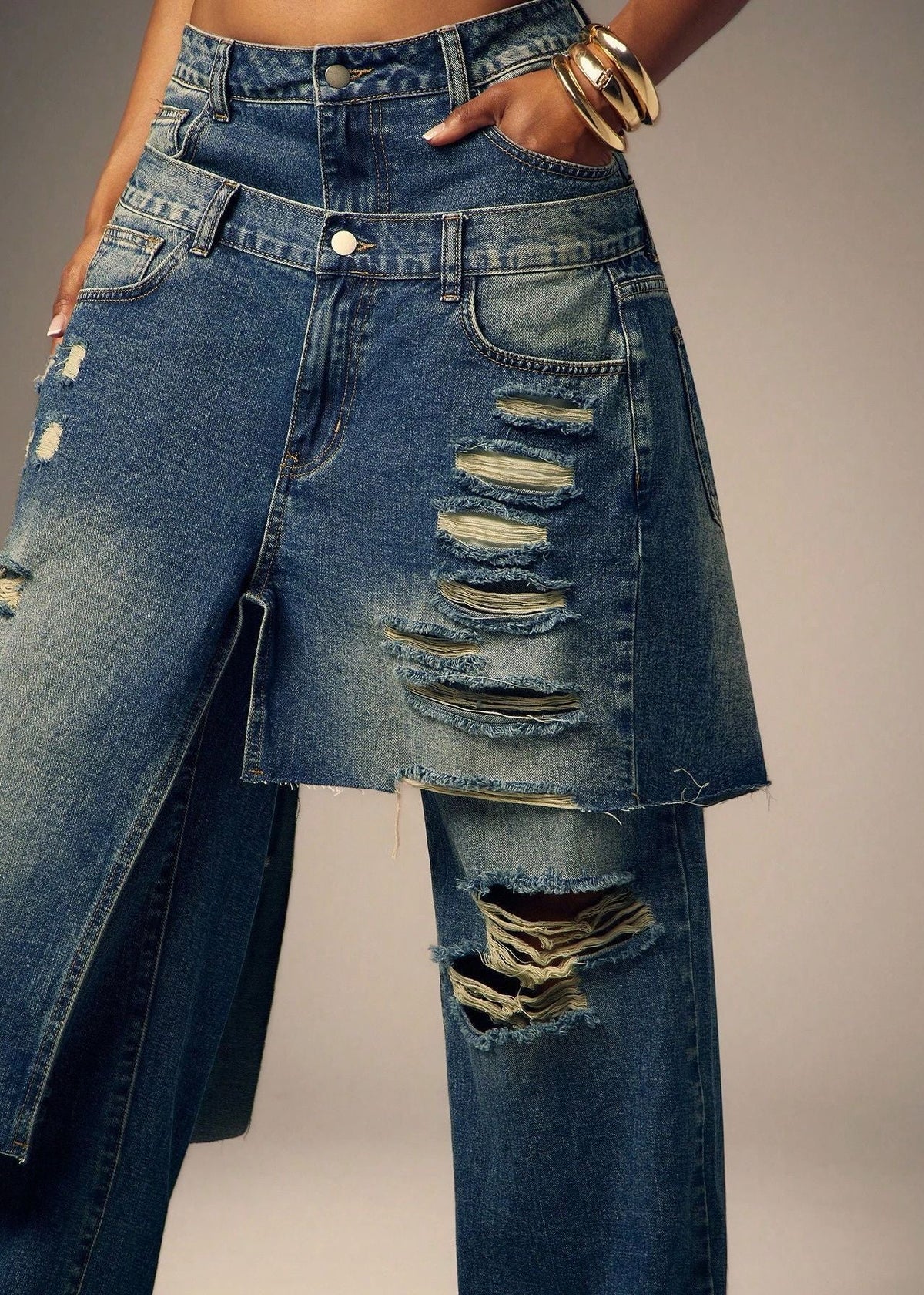 Double-waistband Wide-leg Ripped Jeans