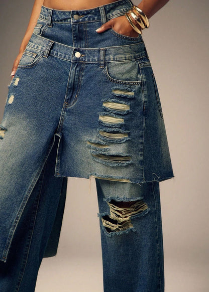 Double-waistband Wide-leg Ripped Jeans