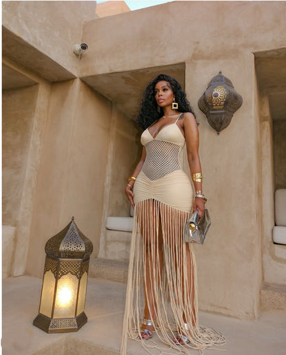 Sexy Mesh Cut-Out Ruched Bodycon Tassel Beach Dress