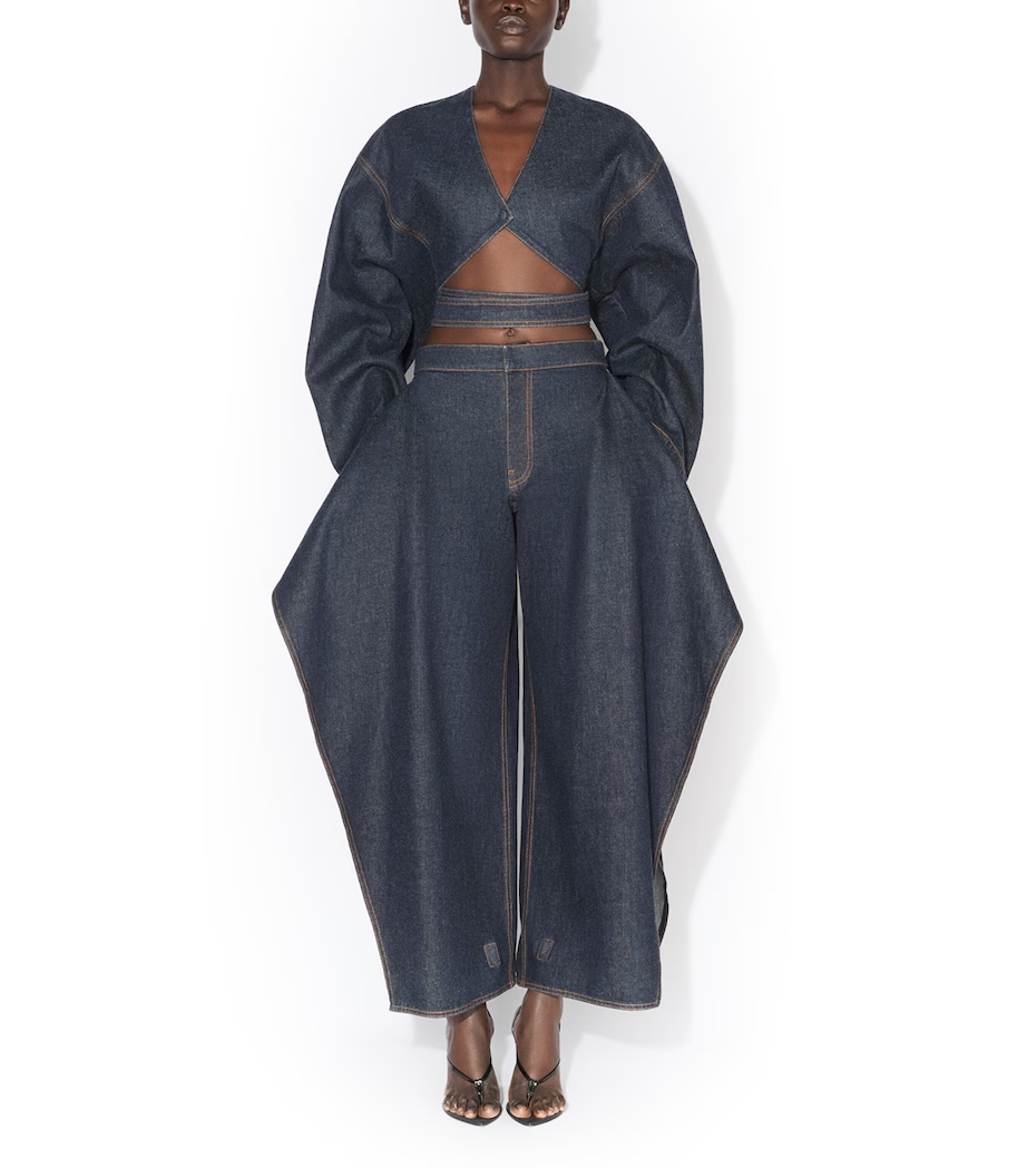 Denim Cropped Wrap Tie Long‑Sleeve Top
