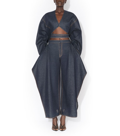 Denim Cropped Wrap Tie Long‑Sleeve Top