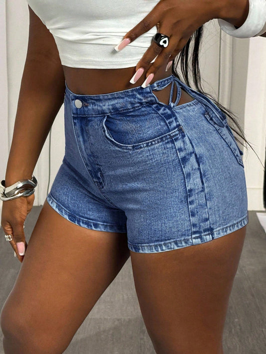 High Waist Tie‑Back Skinny Jean Shorts