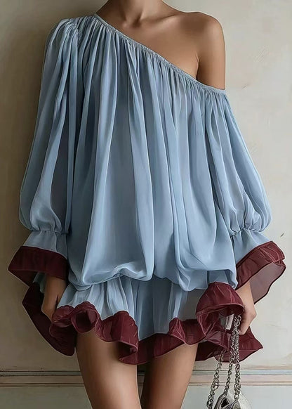 One-shoulder Color-block Chiffon Mini Dress