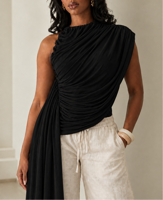 Irrejular Solid-Color Pleated Sleeveless T-Shirt