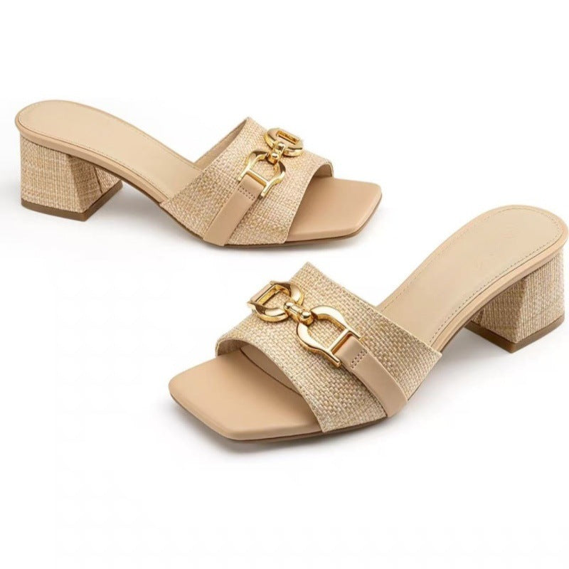 Square-toe Mid-heel Metal Buckle Sandals