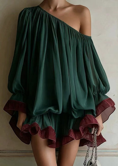 One-shoulder Color-block Chiffon Mini Dress