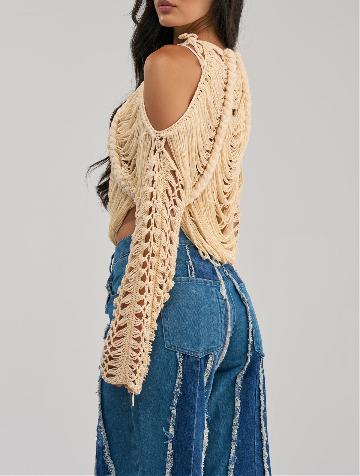 Braided Fringe Crochet Cold‑Shoulder Crop Top
