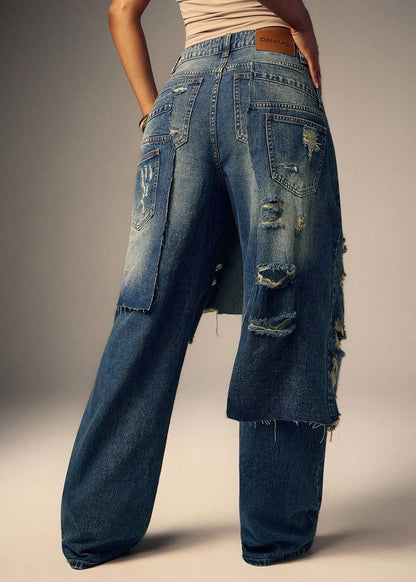 Double-waistband Wide-leg Ripped Jeans