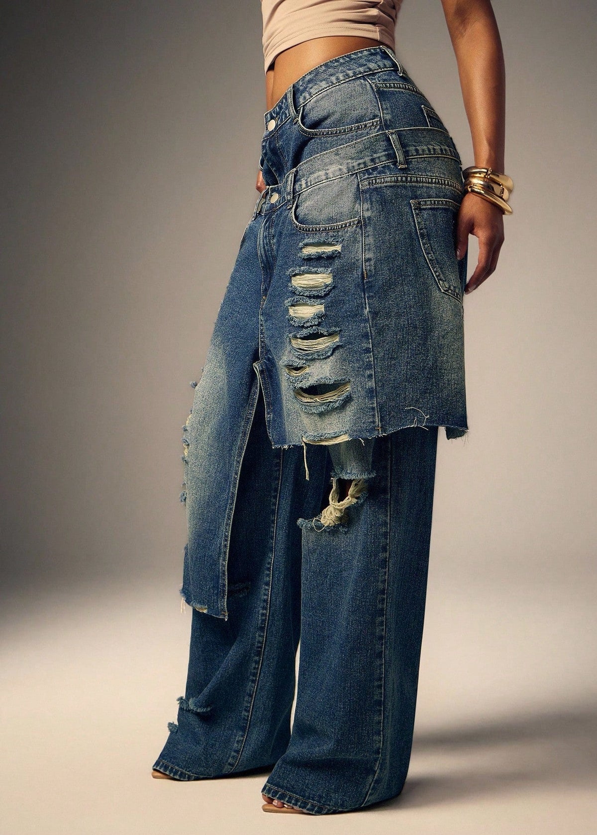 Double-waistband Wide-leg Ripped Jeans