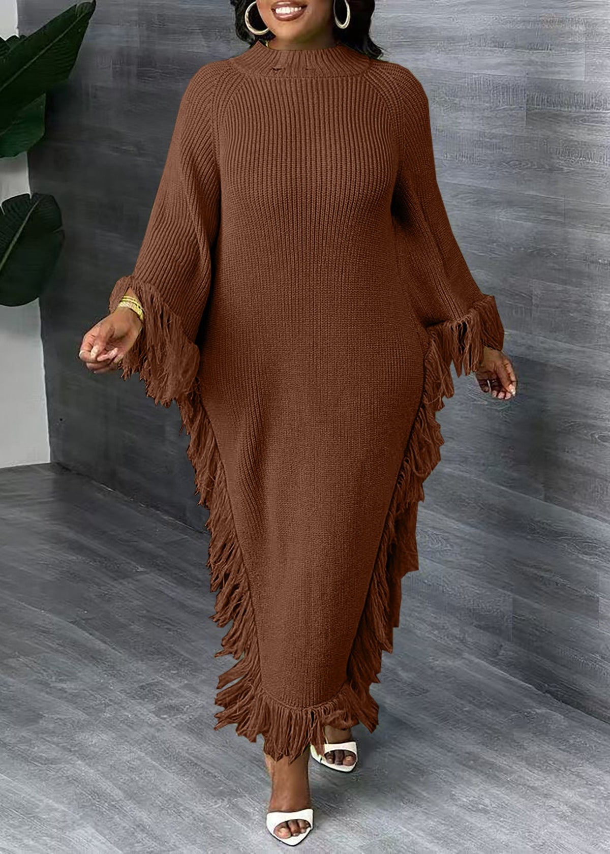 Fringed Mock-neck Sweater Dress