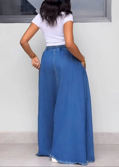 Drawstring Elastic Waist Frayed Hem Denim Maxi Skirt