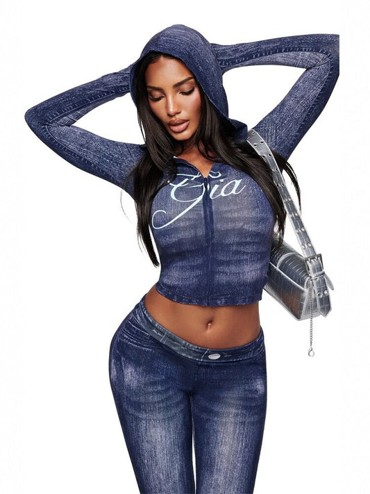 Faux Denim Print Sexy Open Neck Two-piece Set