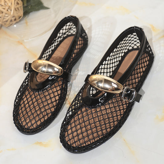 Mesh Mary Jane Buckle Ballet Flats