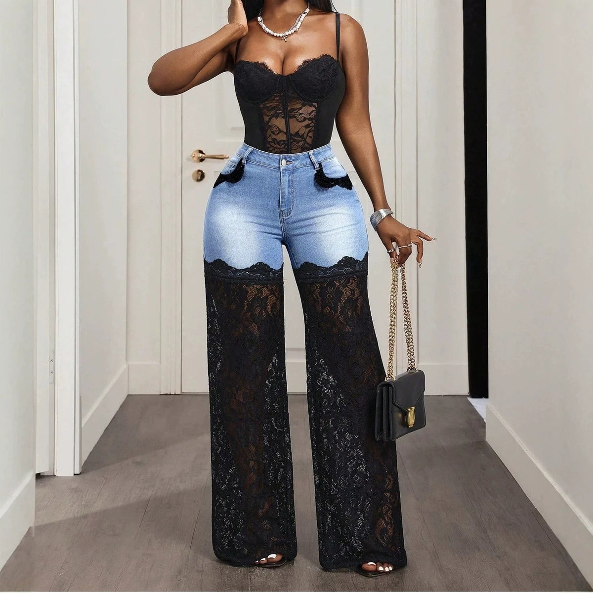 High Waist Denim Lace Patchwork Flare Pants