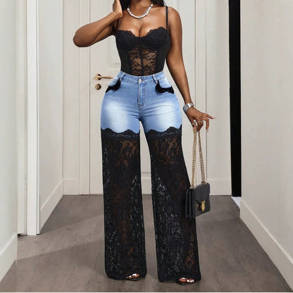 High Waist Denim Lace Patchwork Flare Pants