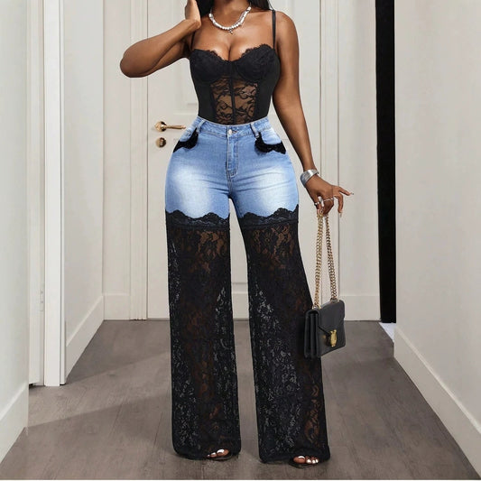 High Waist Denim Lace Patchwork Flare Pants