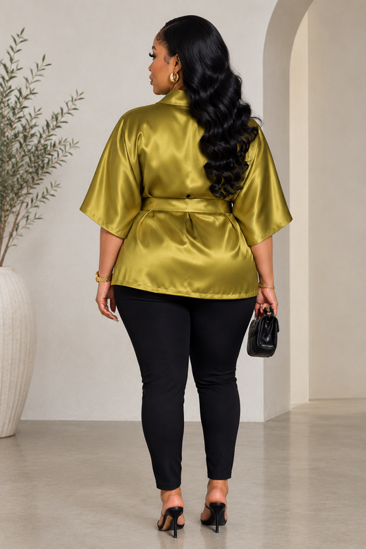 Satin Scarf-collar Short-sleeve Top