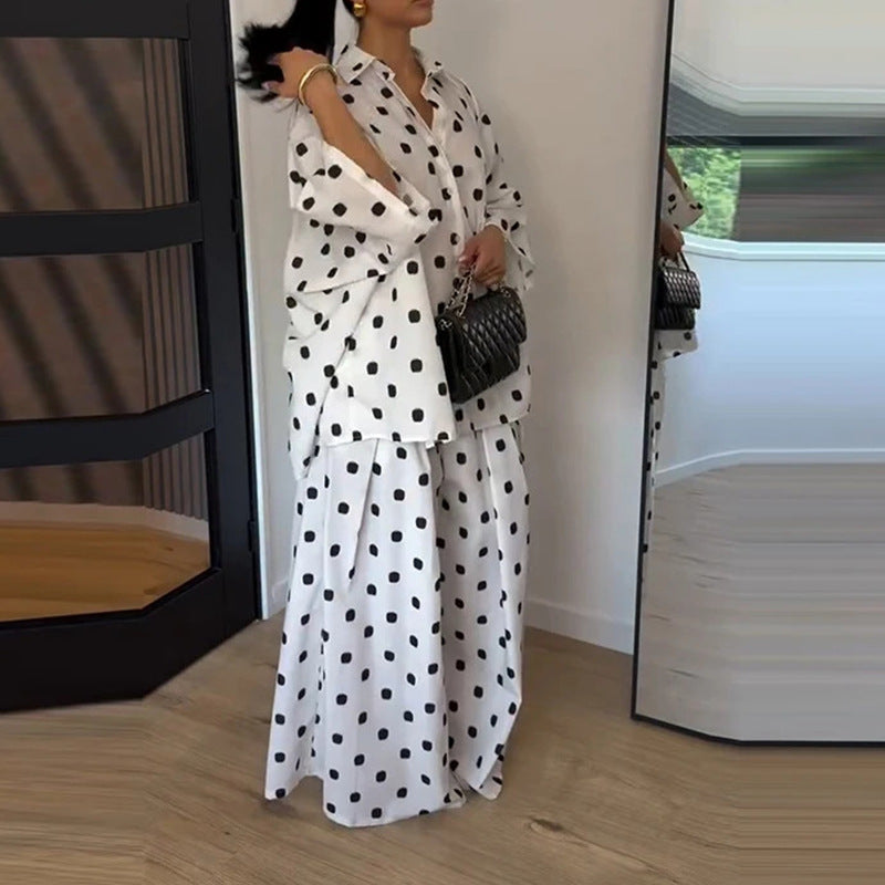 Stylish Casual Polka-Dot Shirt And Wide-Leg Pants Set