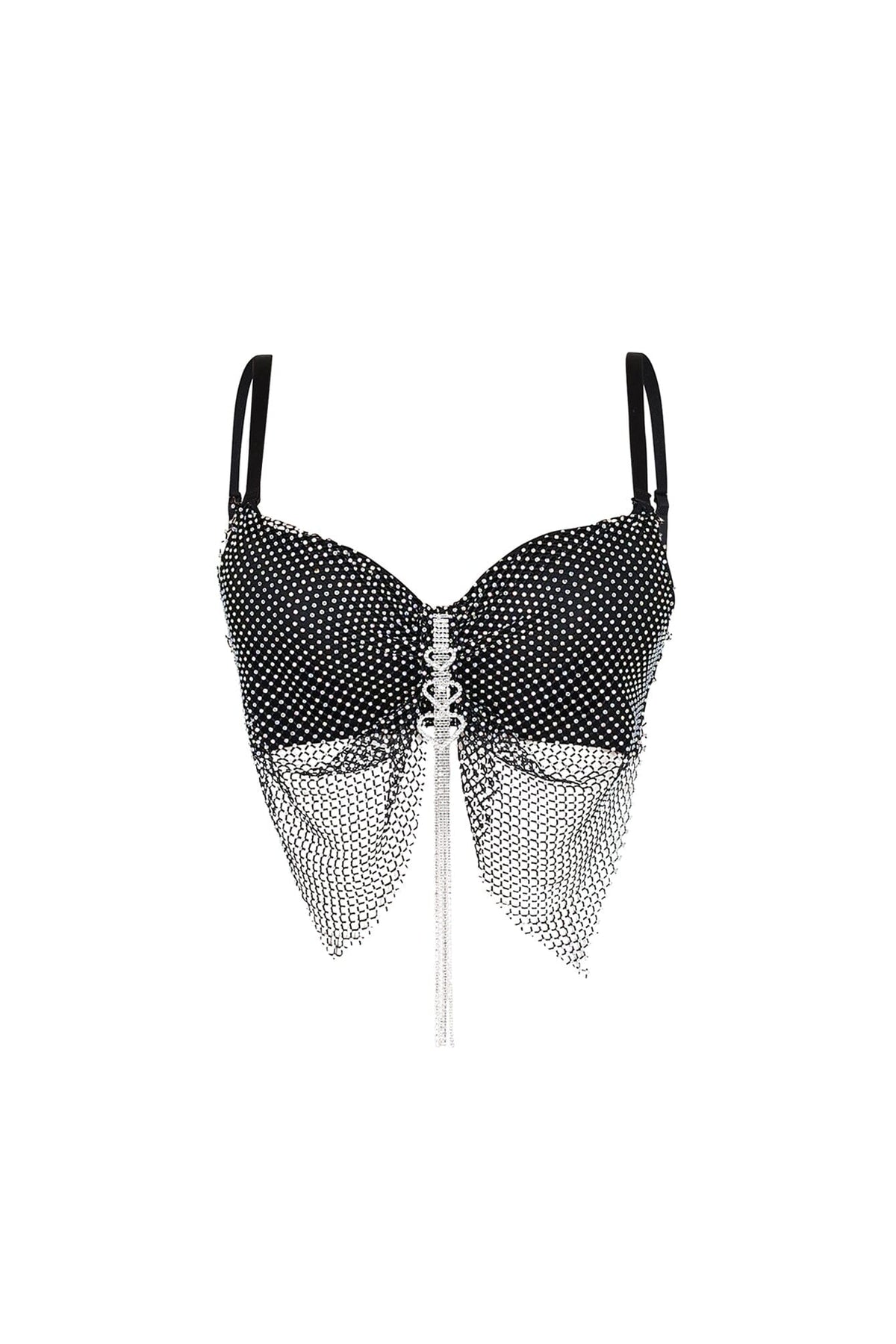 Rhinestone Mesh Chain Tassel Crop Bustier Top