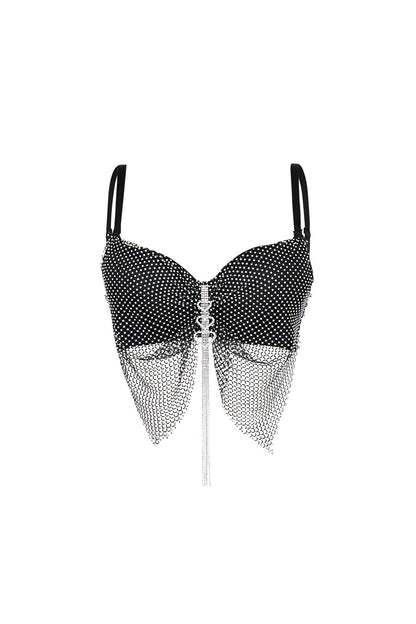 Rhinestone Mesh Chain Tassel Crop Bustier Top