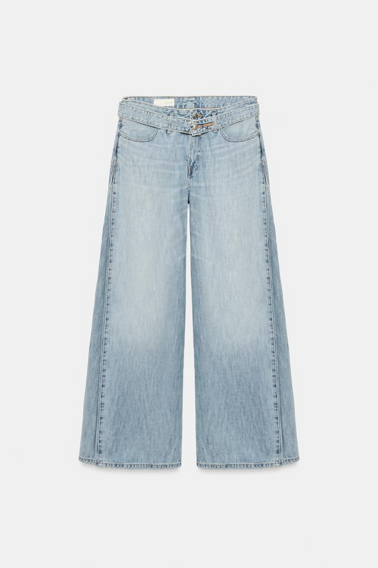 Fold‑Over Wrap Waist Wide‑Leg Jeans