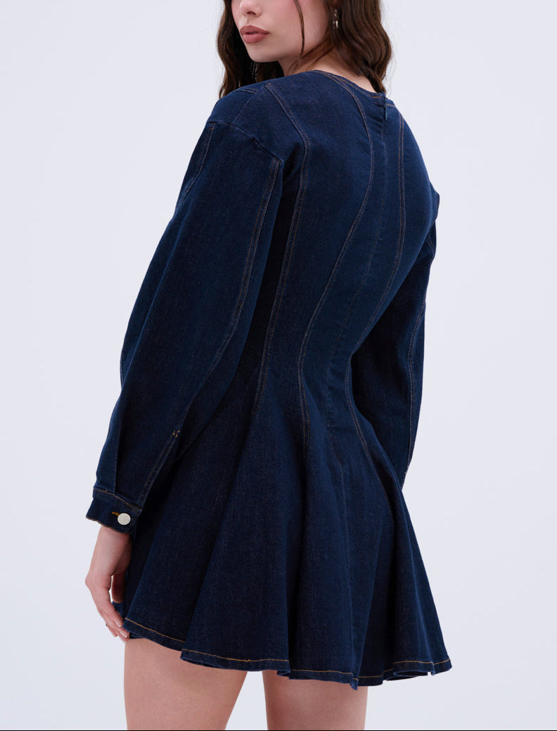 Denim Mini Dress with Deep V Collar