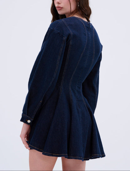 Denim Mini Dress with Deep V Collar