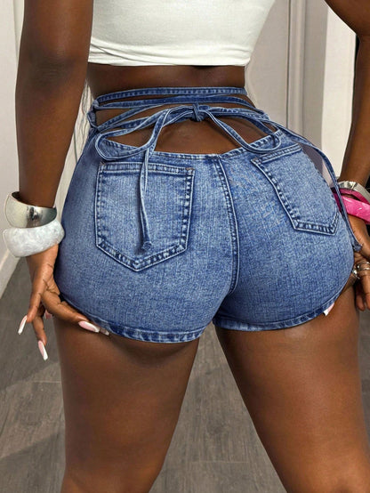High Waist Tie‑Back Skinny Jean Shorts