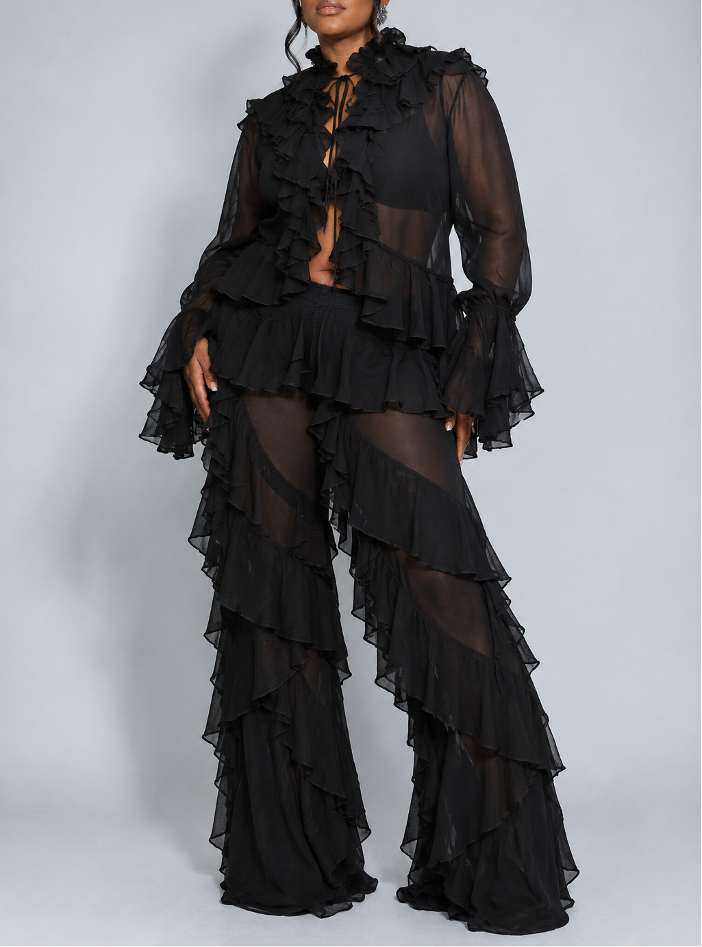 Tie-front Chiffon Ruffle Set