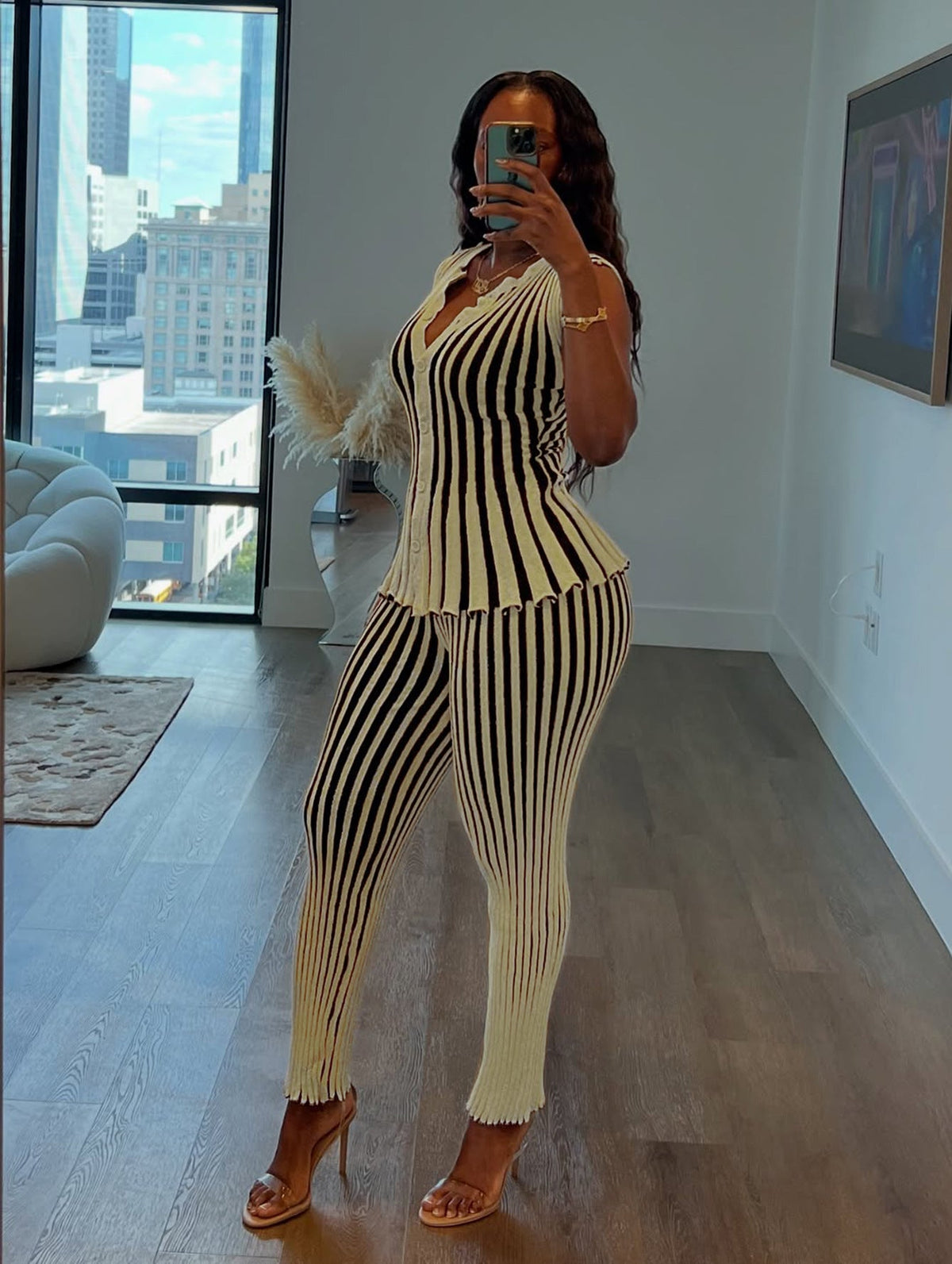 Striped Sleeveless Peplum Top & Flared Pants Set