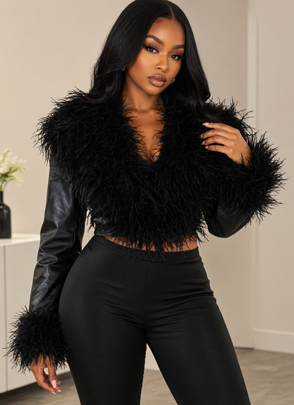 Cropped Leather Jacket With A Plush Collar