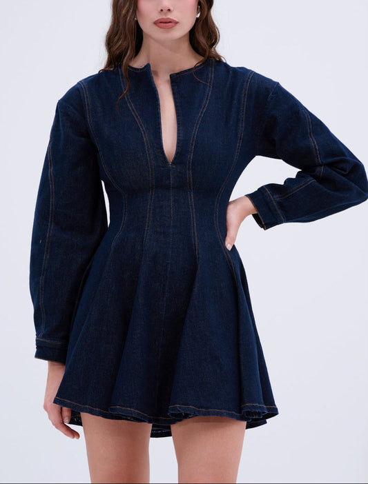 Denim Mini Dress with Deep V Collar