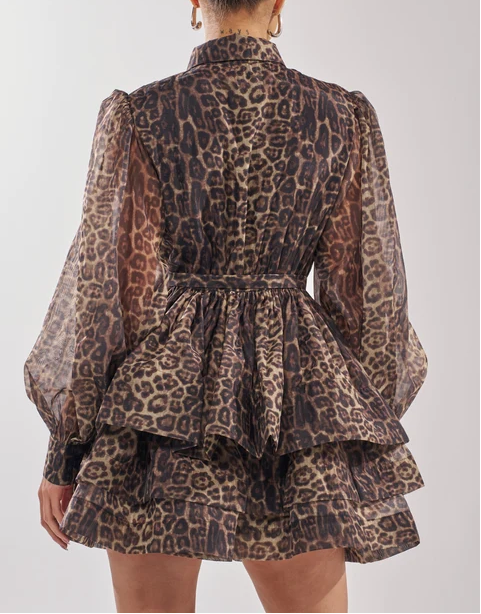Leopard Tiered Ruffle Shirt Mini Dress