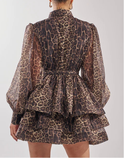 Leopard Tiered Ruffle Shirt Mini Dress