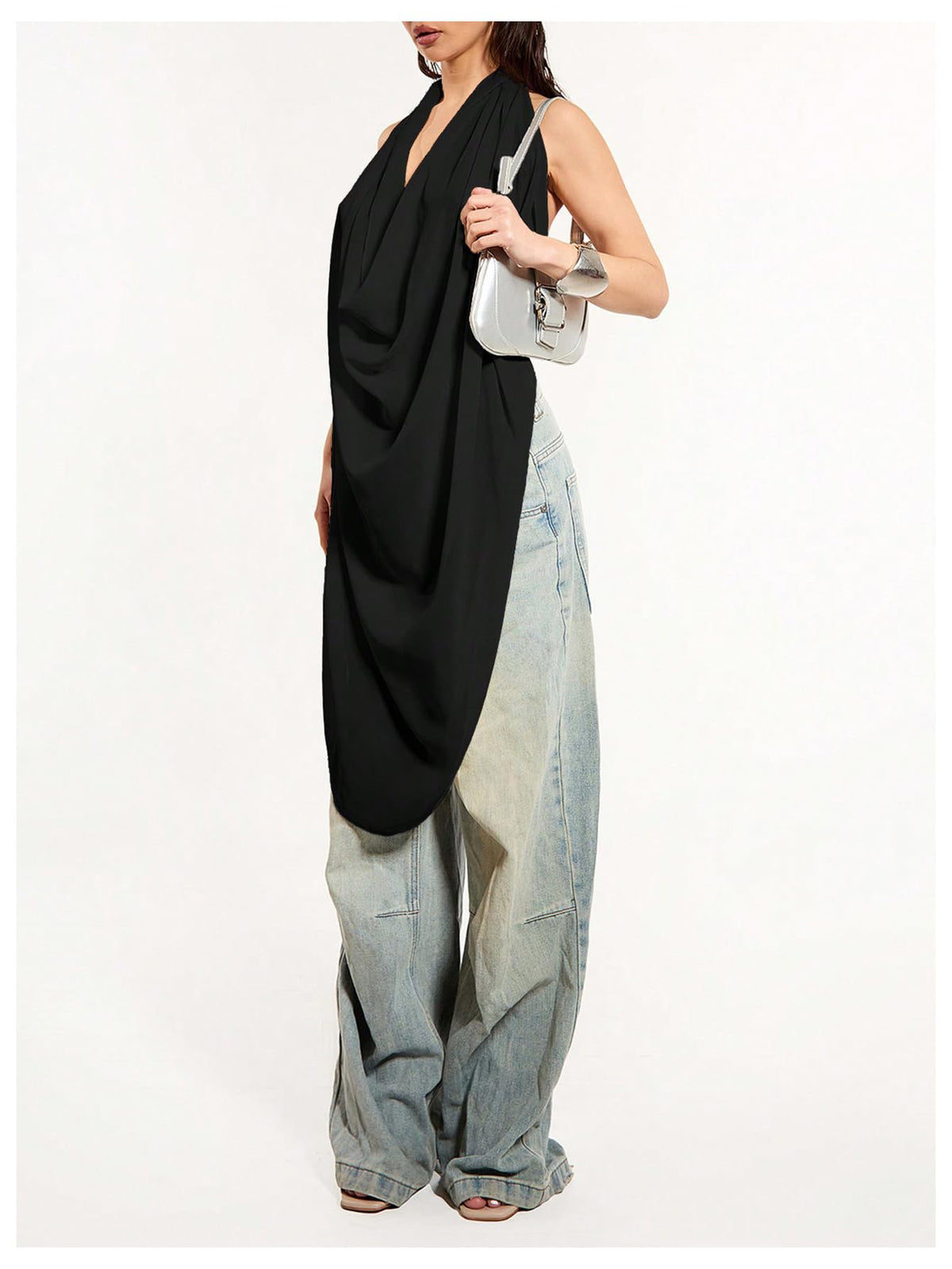 Backless Draped Halter Asymmetrical Top