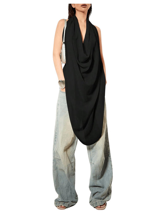 Backless Draped Halter Asymmetrical Top