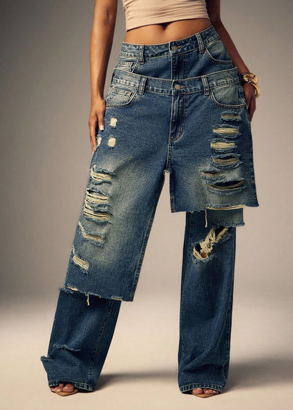 Double-waistband Wide-leg Ripped Jeans