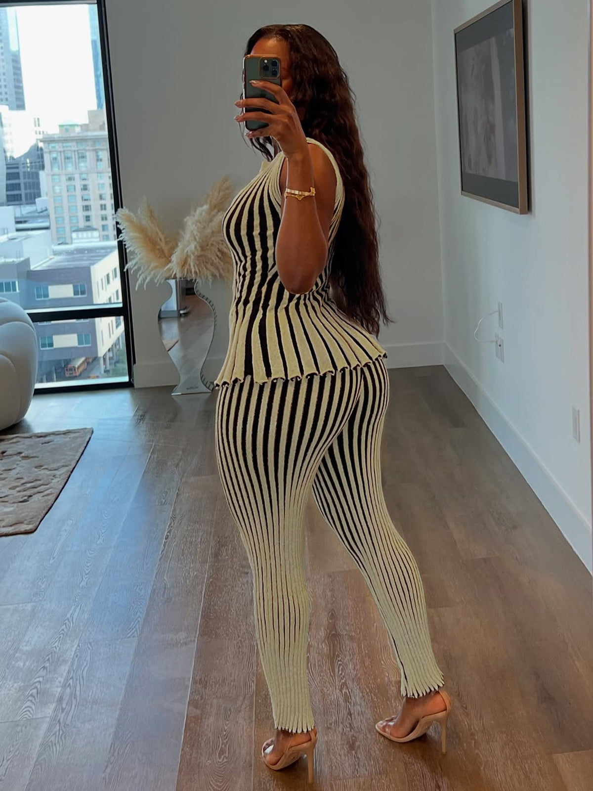 Striped Sleeveless Peplum Top & Flared Pants Set