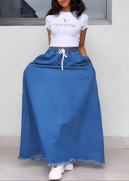 Drawstring Elastic Waist Frayed Hem Denim Maxi Skirt