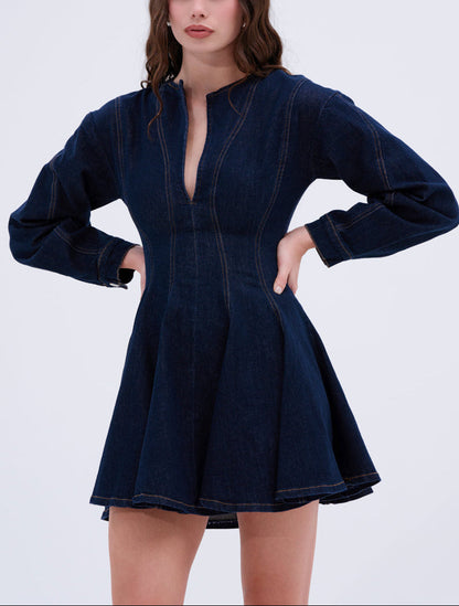 Denim Mini Dress with Deep V Collar