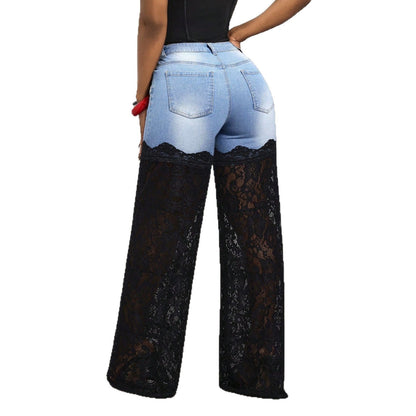 High Waist Denim Lace Patchwork Flare Pants