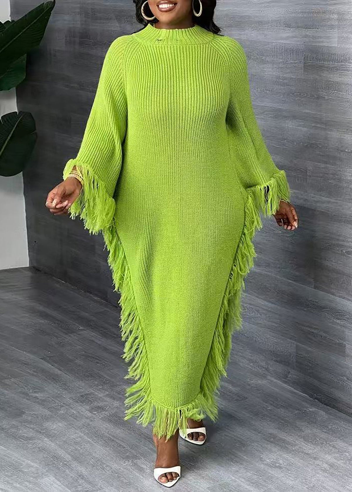 Fringed Mock-neck Sweater Dress