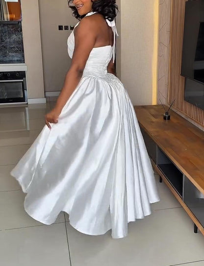 Satin Halter Cutout Waist Maxi Dress