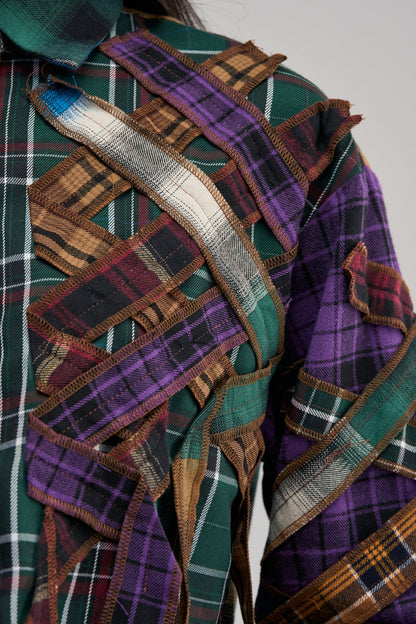 Patchwork Plaid Fringe Ribbon Cropped Button‑Down Shirt