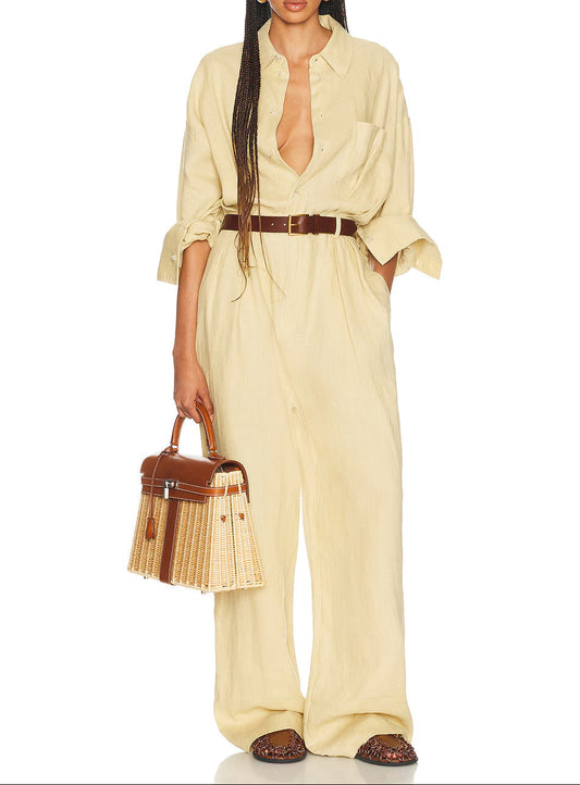 Linen Blend Wide Leg Shirt Jumpsuit