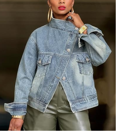 Washed Denim Jacket with Stand Collar