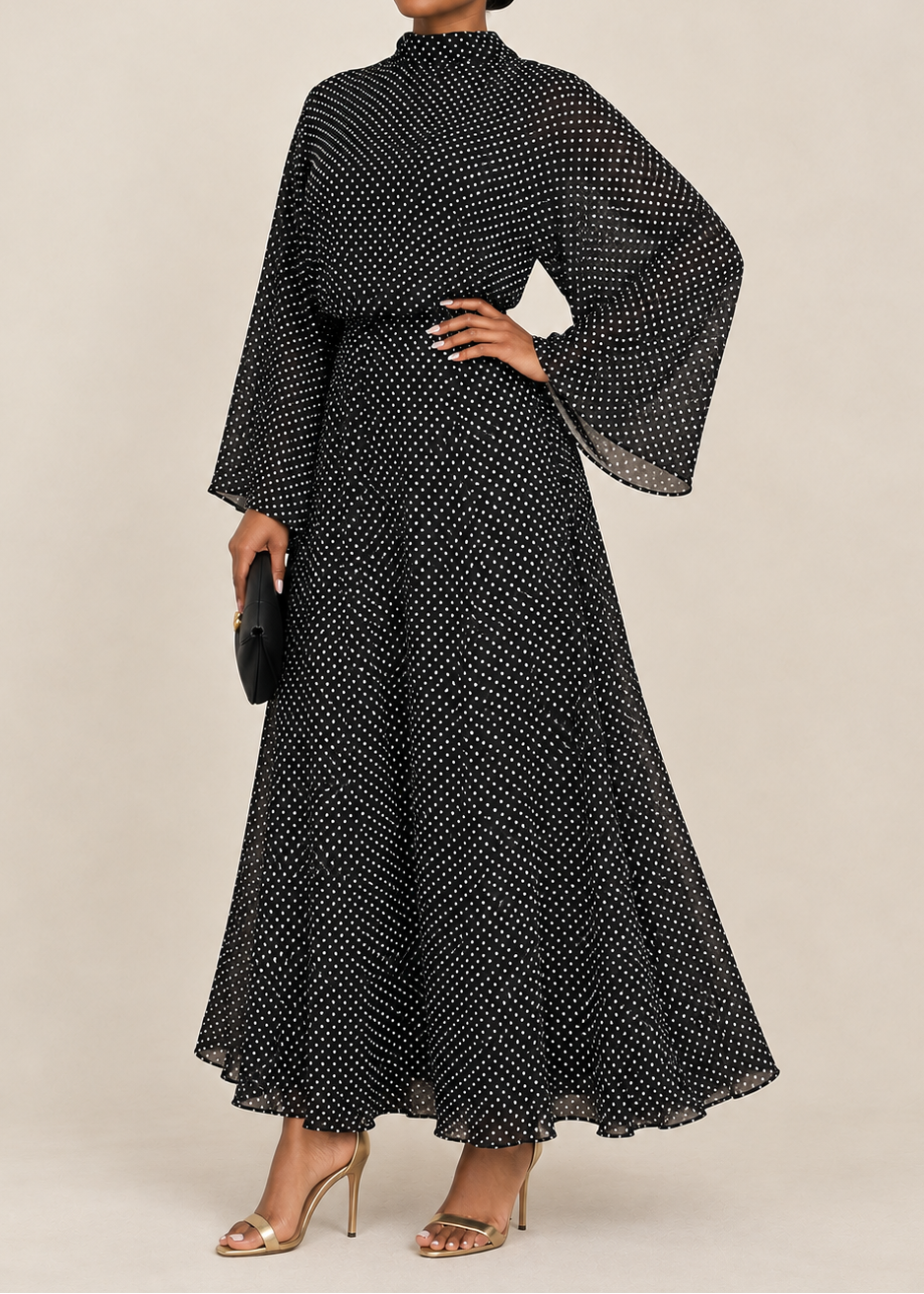 Stylish Polka-Dot Shirt with Bow Detail And Matching Long Skirt Set