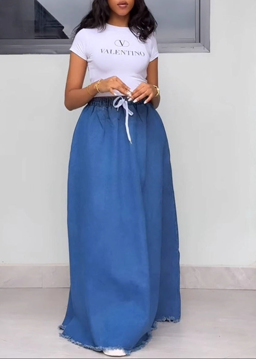 Drawstring Elastic Waist Frayed Hem Denim Maxi Skirt