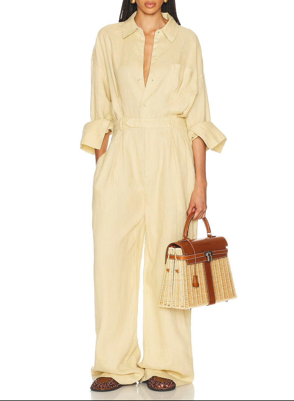 Linen Blend Wide Leg Shirt Jumpsuit